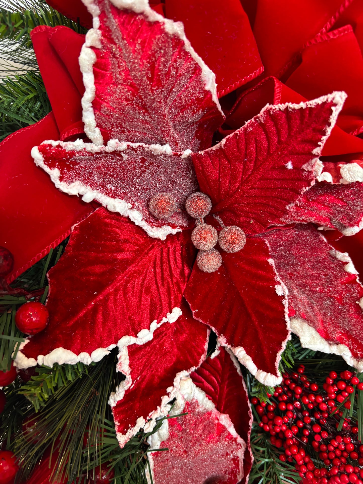 Frosted Red Poinsettias Teardrop Swag